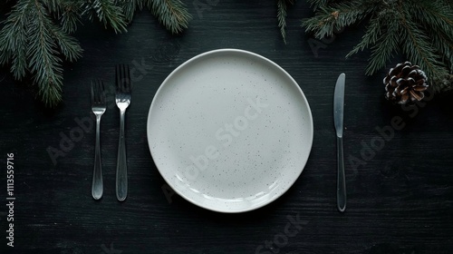 Elegant white plate arranged with utensils on dark wood background decorated ...