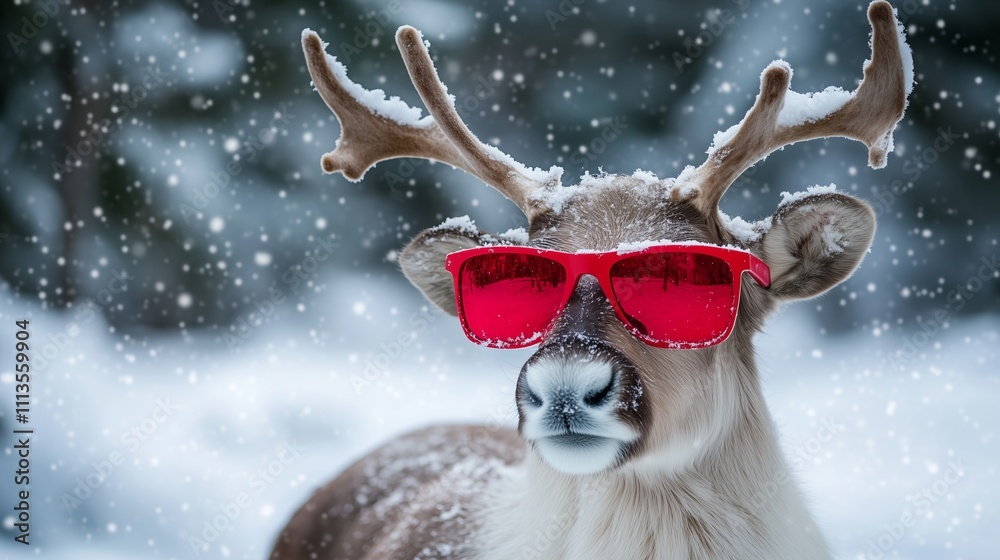 Fototapeta premium A reindeer wearing red sunglasses in a snowy landscape