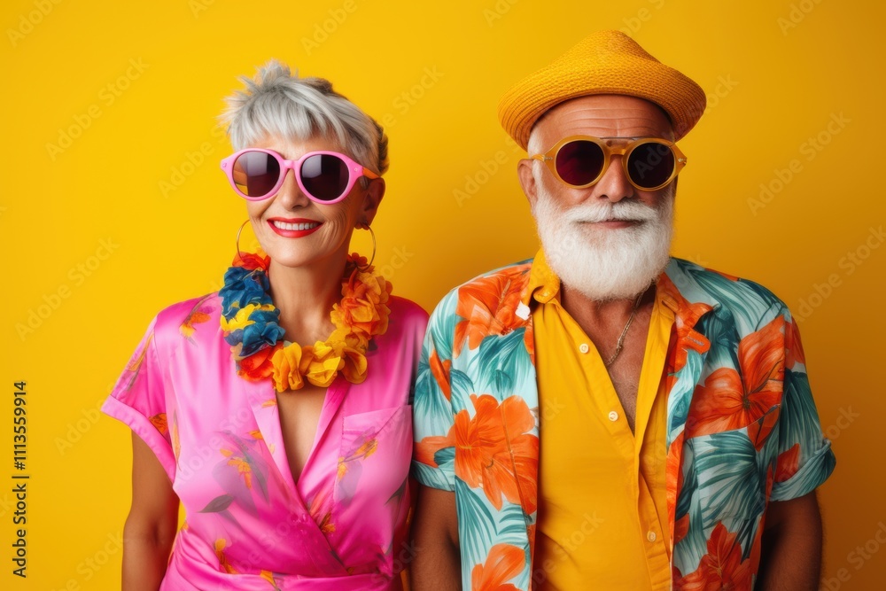 A man and woman wearing sunglasses and Hawaiian shirts pose for a photo A man and woman wearing sunglasses and Hawaiian shirts pose for a photo