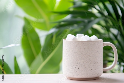 Marshmallows in a decorative glass bowl with flowers on a marble surface