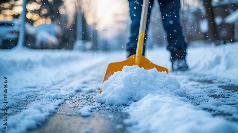 Close up Person shoveling deep snow from the driveway or sidewalk Close up Person shoveling deep snow from the driveway or sidewalk