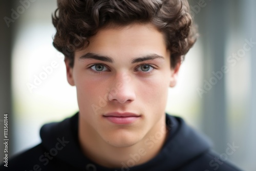 A young man with brown hair and blue eyes is wearing a black hoodie