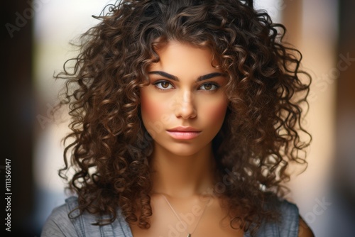 A woman with curly hair is standing in front of a wall