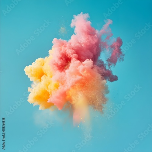 A vibrant cloud of colorful powder, with shades of pink, yellow, and orange, suspended against a clear blue sky, creating a visually captivating scene.