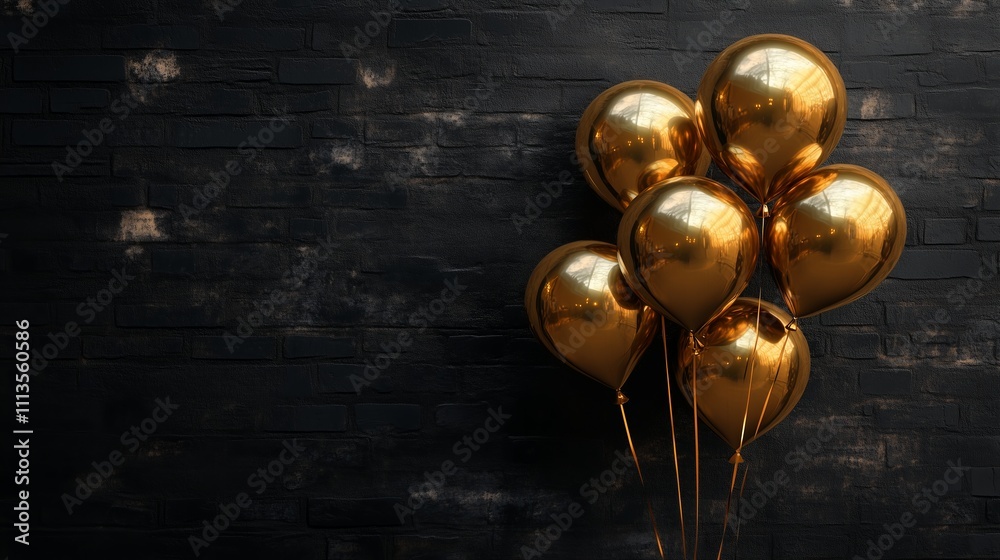 Gold balloons black wall. Generative AI Gold balloons black wall. Generative AI