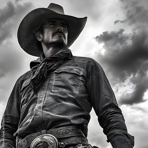 A cowboy stands confidently under a dramatic, cloudy sky, wearing a wide-brimmed hat, bandana, and a detailed belt buckle, evoking a classic Western scene.