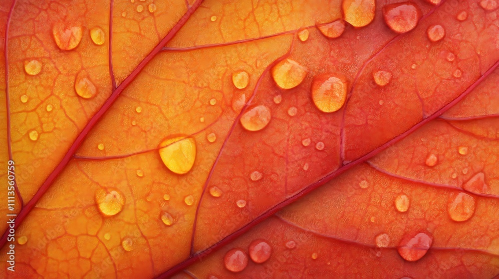 Fototapeta premium Dew Drops Adorn Vibrant Autumn Leaf Veins