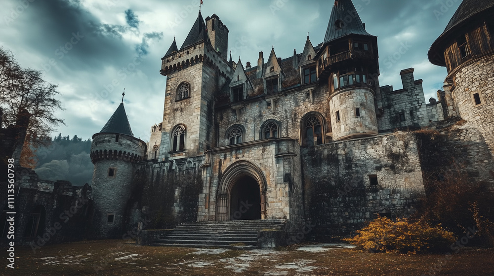 Majestic Shadows: Ancient Gothic Castle Amid Autumn's Embrace Majestic Shadows: Ancient Gothic Castle Amid Autumn's Embrace