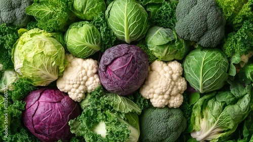 Healthy background of cruciferous cabbage family vegetables