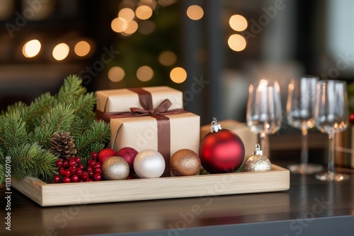 Beautifully wrapped Christmas gifts arranged on a table with festive decorati...
