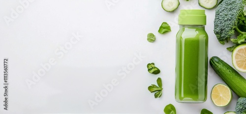 Refreshing green smoothie made with fresh vegetables and fruits on a clean su...
