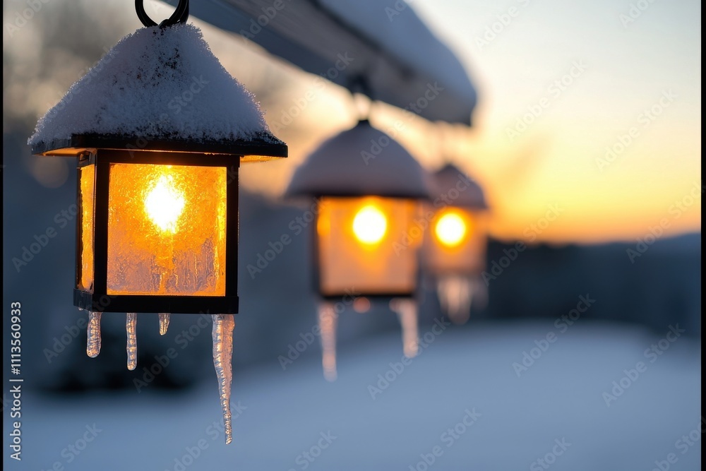 Snowy Lanterns Glowing at Dusk with Icicles in Winter Landscape Snowy Lanterns Glowing at Dusk with Icicles in Winter Landscape
