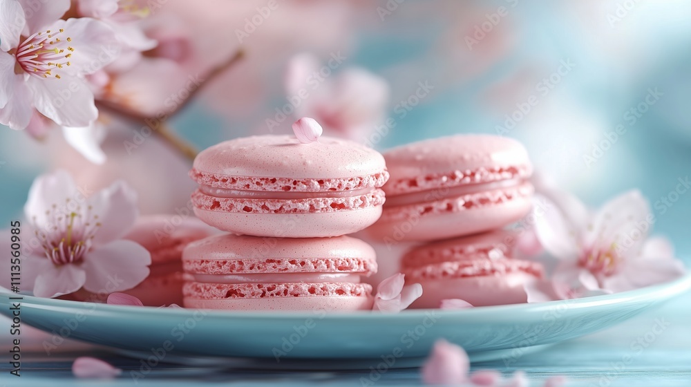 Pink macaroons on a plate with Cherry blossom Pink macaroons on a plate with Cherry blossom
