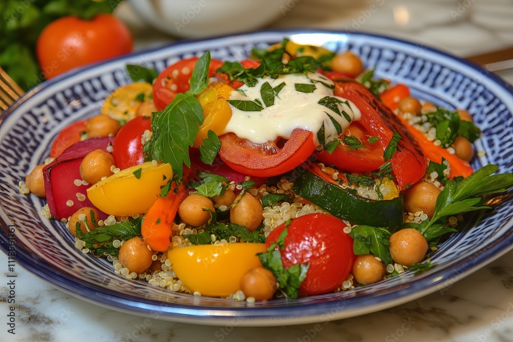 A colorful quinoa salad with roasted veggies, chickpeas, and a tahini dressing