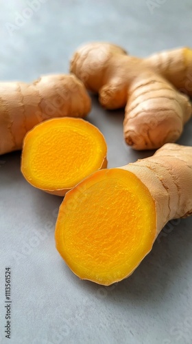 Fresh ginger roots displayed in a wooden bowl on a marble surface in natural ...