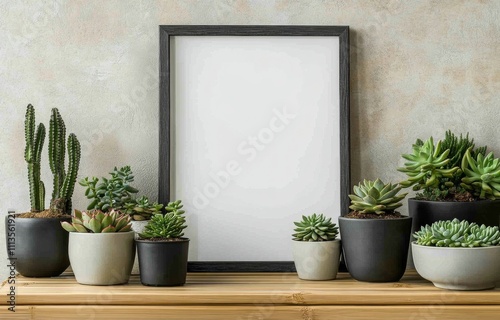 Display of succulents and empty frame on a natural wooden shelf in a modern i...