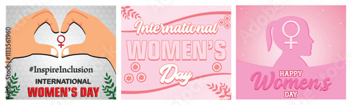 Celebrate International Women Day. Elegant lettering on pink background. Beautiful happy women day wishes card design. Set flat vector modern illustration 