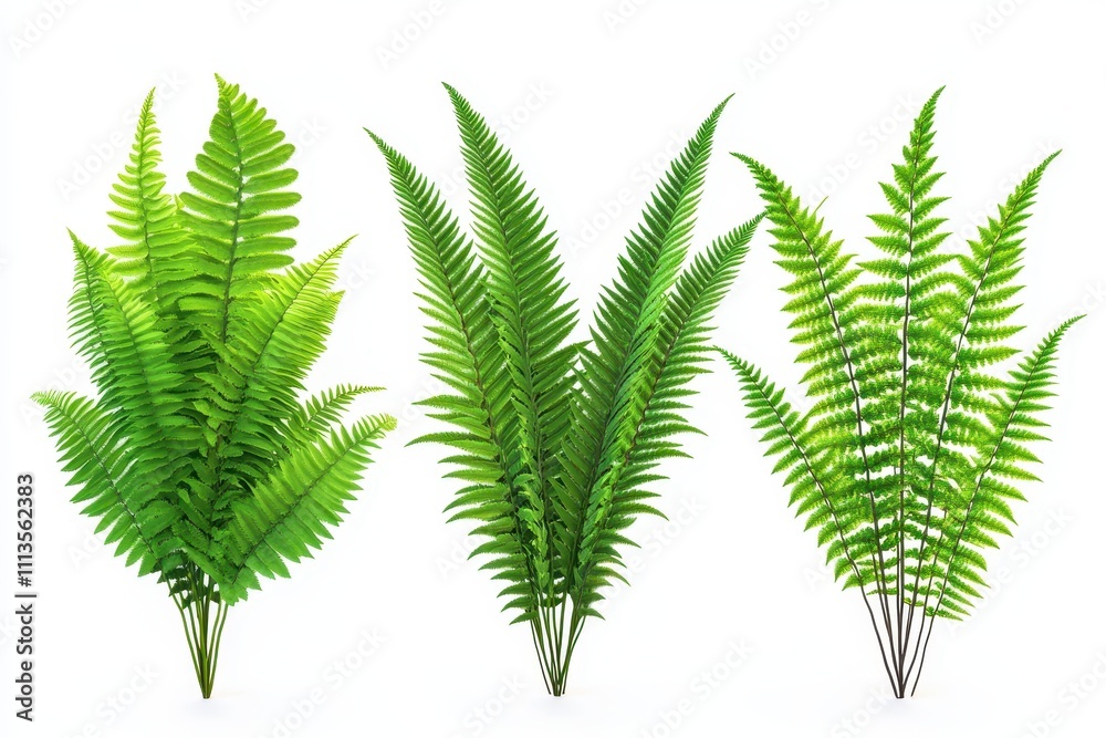 A collection of lush green fern plants isolated on a white background
