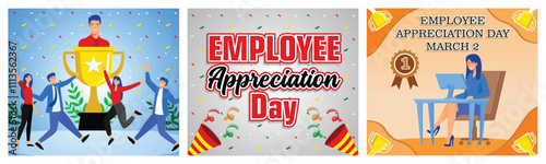 Worker Success with a Giant Trophy. Various ornaments inside. Perfect Employee Appreciation Day party with Woman. Set flat vector modern illustration 