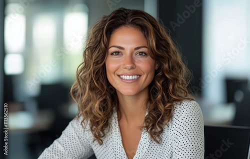 Smiling woman with curly hair in an office setting during daylight hours