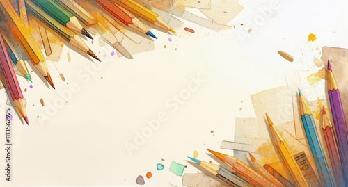 Colorful pencils and splashes of paint on a clean canvas background for art p...