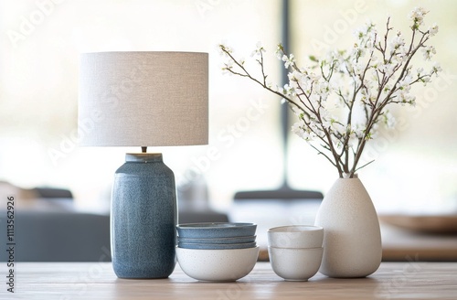 Softly lit lamp and minimalist tableware create a serene dining atmosphere