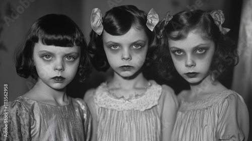 Three girls in vintage nightgowns, dark makeup, black and white.