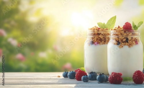 Delicious yogurt parfaits with fresh berries and granola in a sunny garden se...