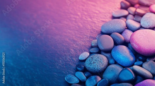 Colorful stones create a vibrant background with shades of blue and purple un...