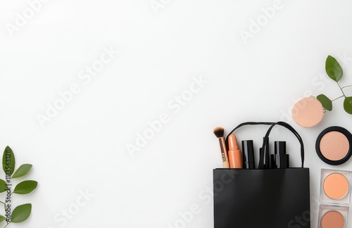 Elegant arrangement of cosmetics and flowers on a white surface