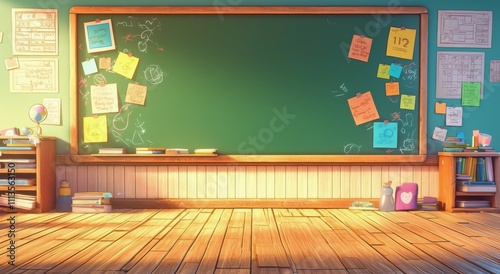 Classroom with green chalkboard and colorful sticky notes in sunlight