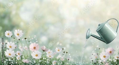 Watering can pouring water on delicate white flowers in a serene garden setting