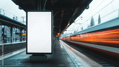 Train speeds past a empty advertisement board at a bustling city station duri...