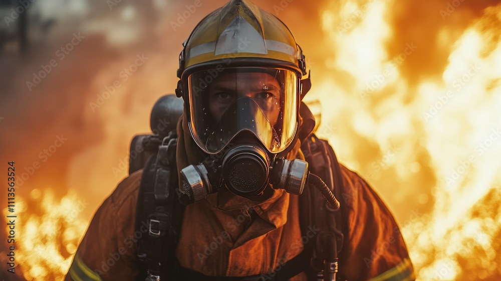 Closeup of a firefighter in full gear, facing a raging inferno