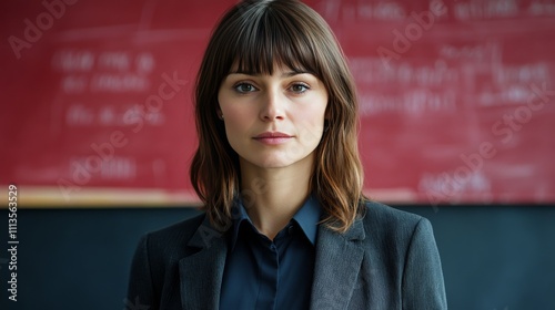 Young professional woman stands confidently in office setting against red bac...
