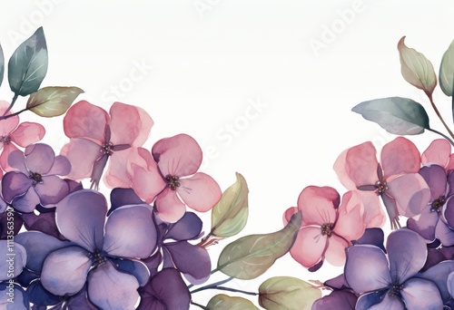 Beautiful watercolor painting of purple flowers with green leaves on a white ...