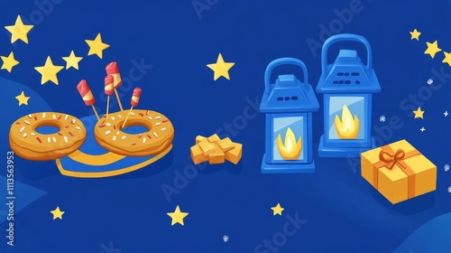 Decorative items arranged with candles and gifts against a starry blue backgr...