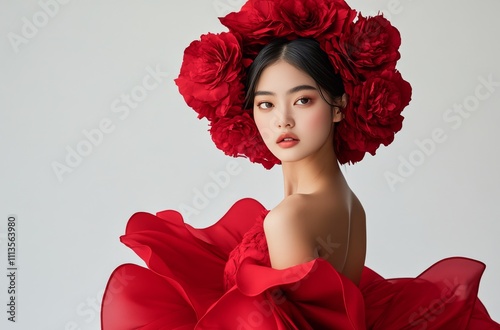 Stunning portrait of a model surrounded by vibrant red flowers in an artistic...