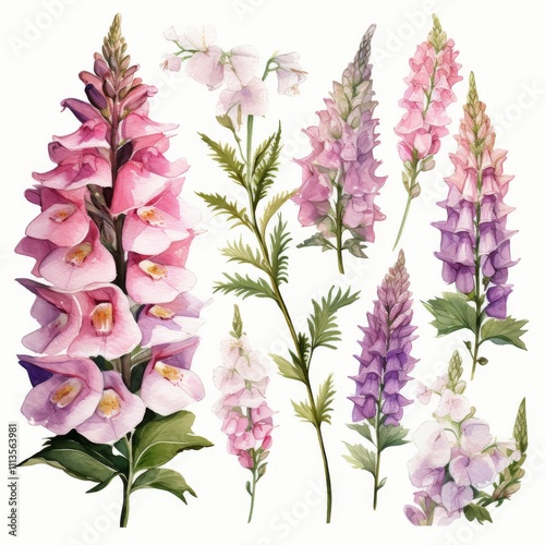Beautiful watercolor painting of pink foxglove flowers with green leaves in a...