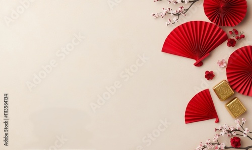 Decorative red and white elements arranged on a light background for a festiv...