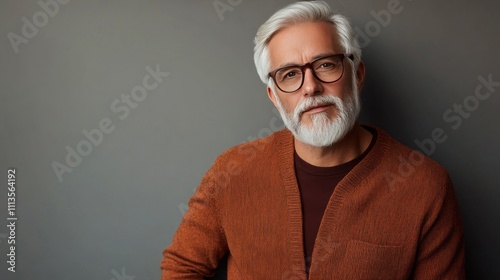 Elderly man with silver hair and beard smiles warmly against a neutral backdrop