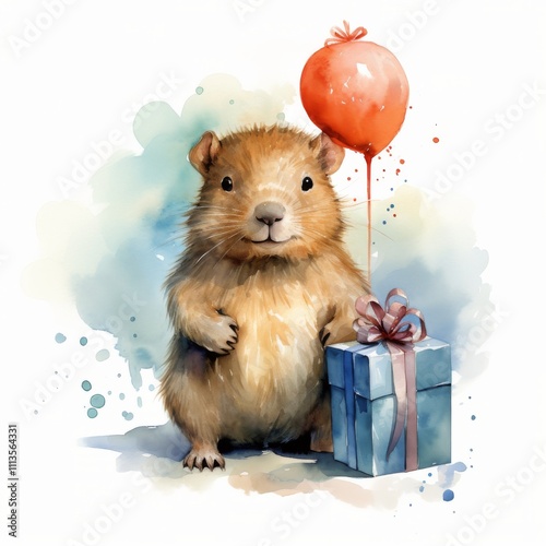 Cute guinea pig with a gift on a colorful background during a festive celebra...