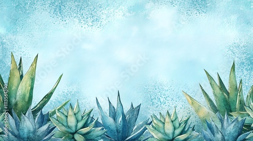 Watercolor Painting of Agave Plants Against a Blue Sky Background