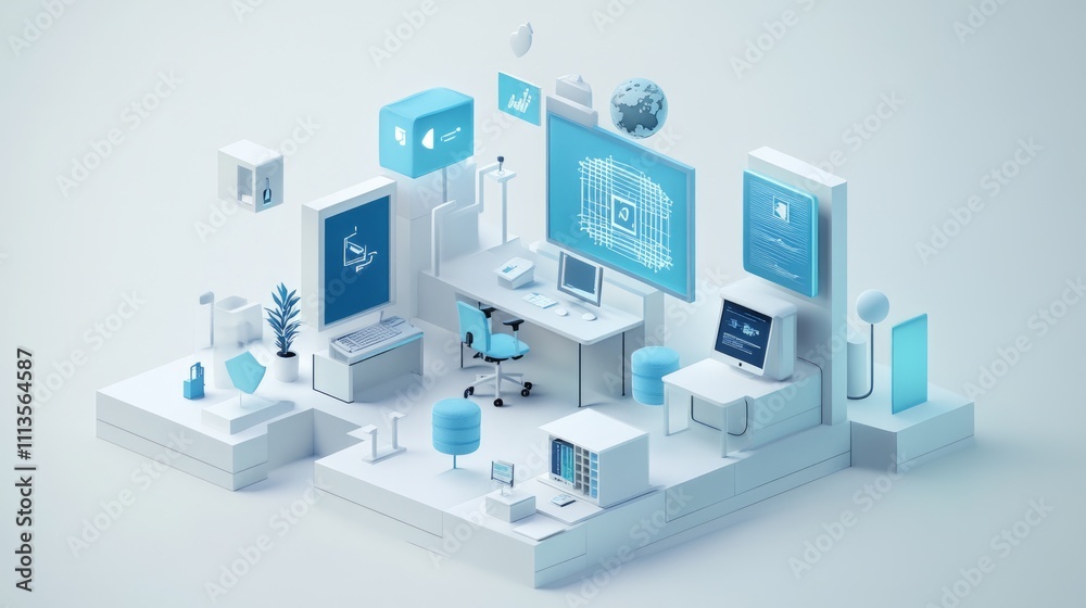 Minimalist 3D digital workspace illustration featuring various technology components, screens, and modern furniture. Minimalist 3D digital workspace illustration featuring various technology components, screens, and modern furniture.