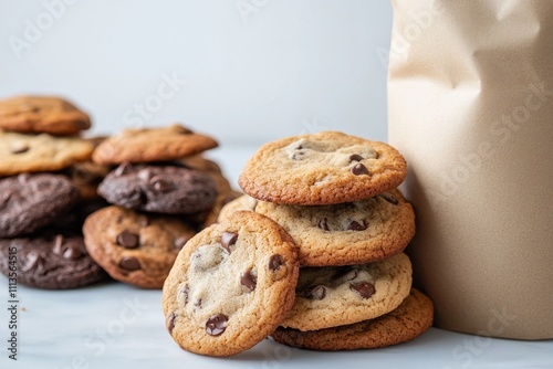 Freshly baked chocolate chip cookies and dark cookies stacked beside a paper bag