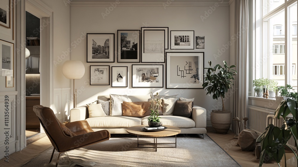 Living room with a gallery wall of framed art Living room with a gallery wall of framed art