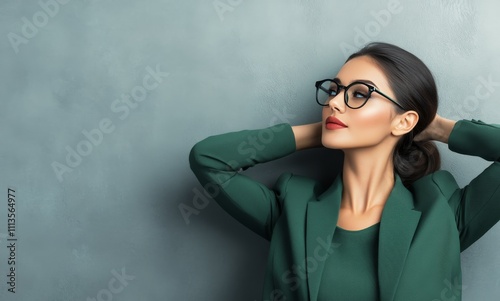 Confident woman in glasses poses in a stylish outfit against a neutral backgr...