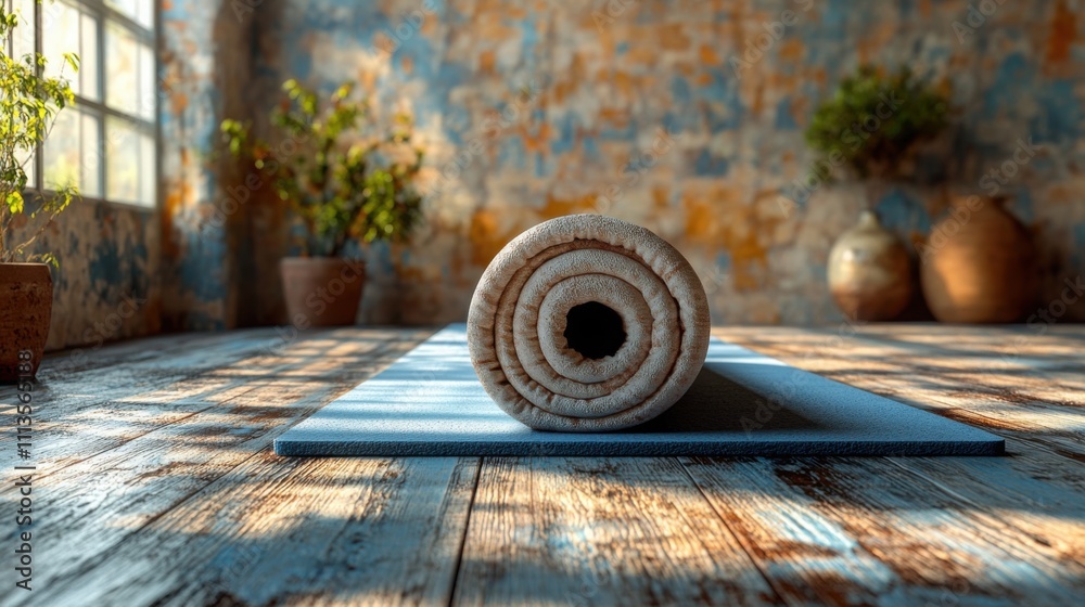 A minimalist yoga mat rolled up on a wooden floor, perfect for fitness and wellness themes.