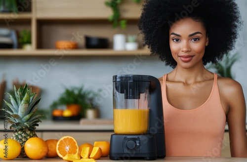 Woman making fresh juice in a bright kitchen with fruit and a blender