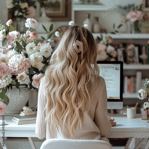 The backside from behind of an woman sitting at her desk, white and light pink colors, working on computer with big floral bouquet in front of screen.